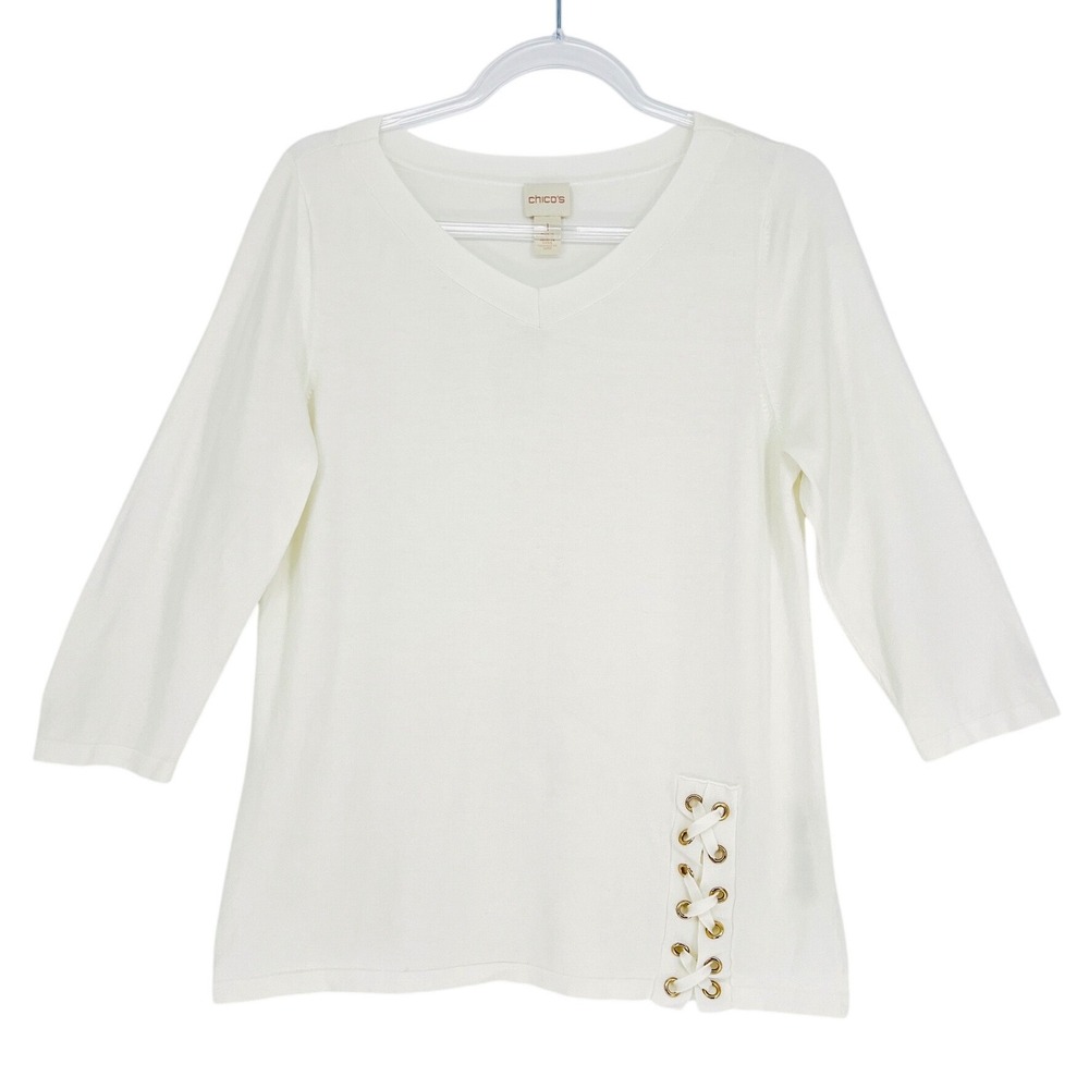 Chico's Sweater Women Size 1 White Lace Up Grommet V-Neck‎ 3/4 Sleeve Knit Top